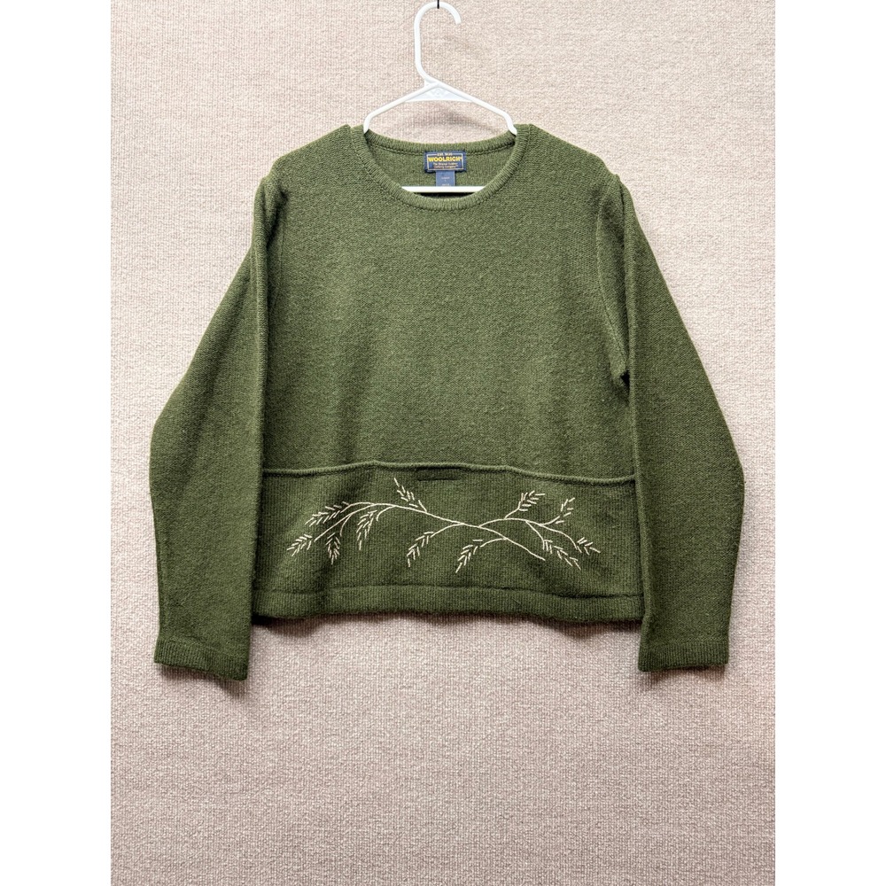 Woolrich Womens Loden Green 100% Wool Embroidered Pouch Pocket Sweater Large